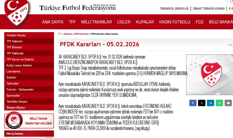PFDK’dan beklenen Karar Açıklandı