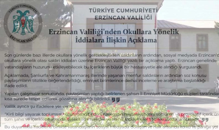 Erzincan Valiliği’nden Okullara Yönelik İddialara İlişkin Açıklama